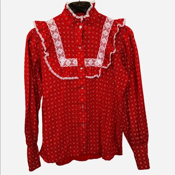 Vintage Tops - Vintage Rockabilly Western Shirt Ruffles Lace